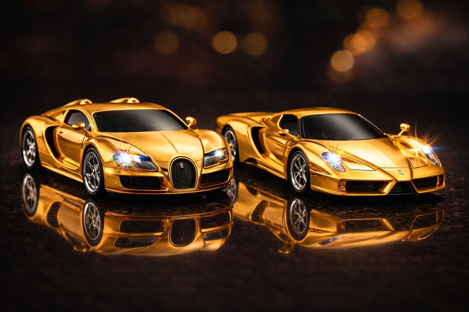 Luxcast 24K Gold Bugatti Veyron and Ferrari Enzo with Gemstone Headlights
