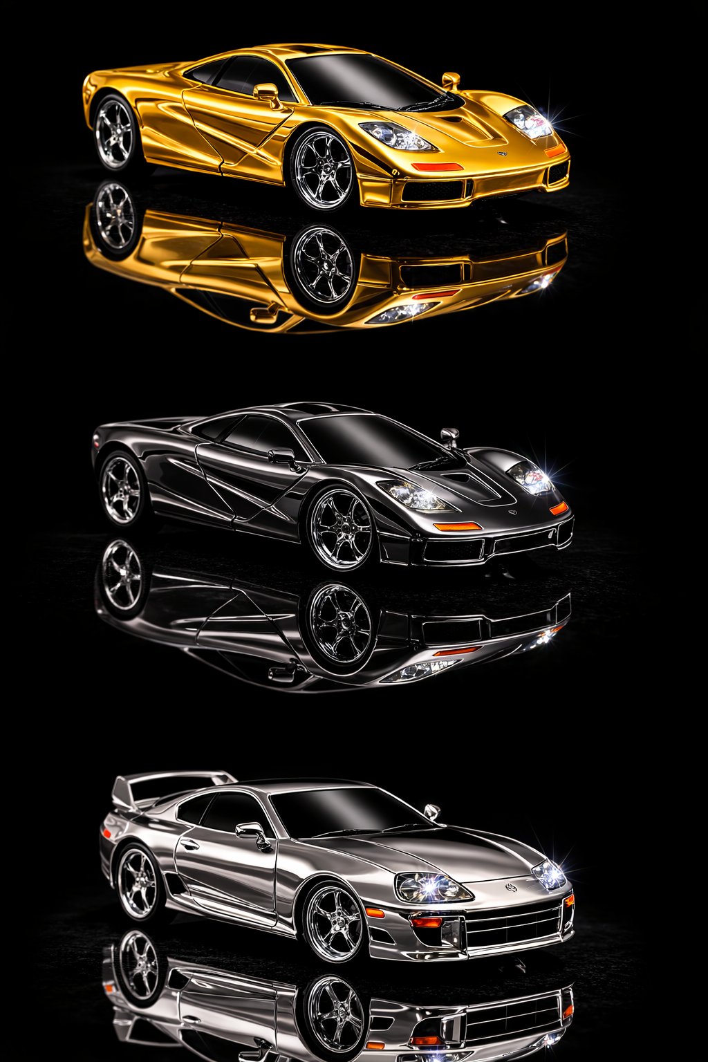 All Three Luxcast Finishes: 24K Gold, Black Chrome, Mirror Chrome
